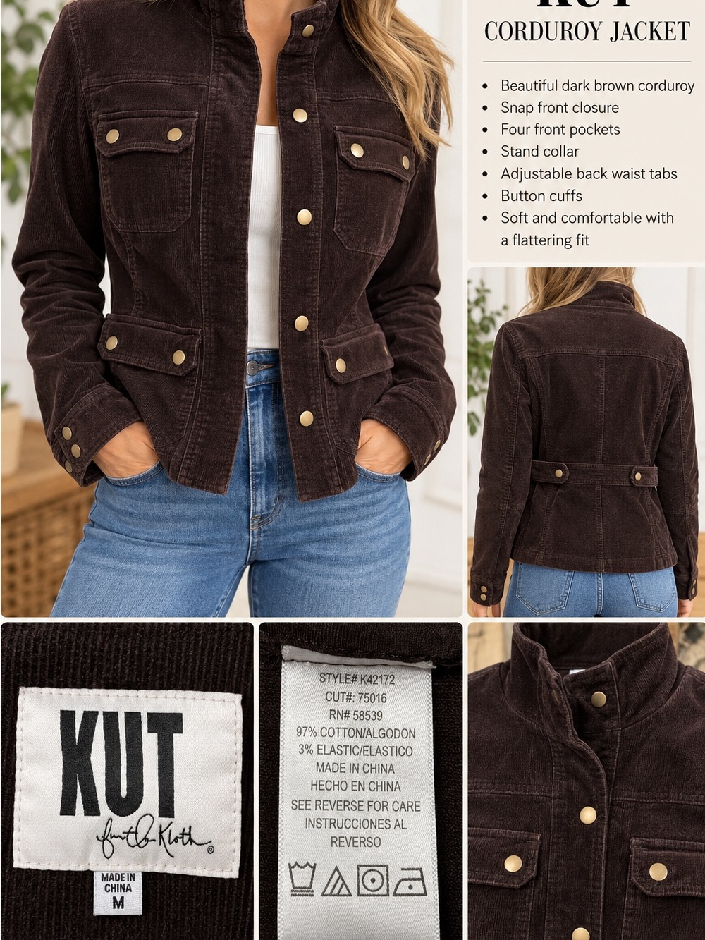 Kut from the Kloth Dark Brown Corduroy Snap Jacket